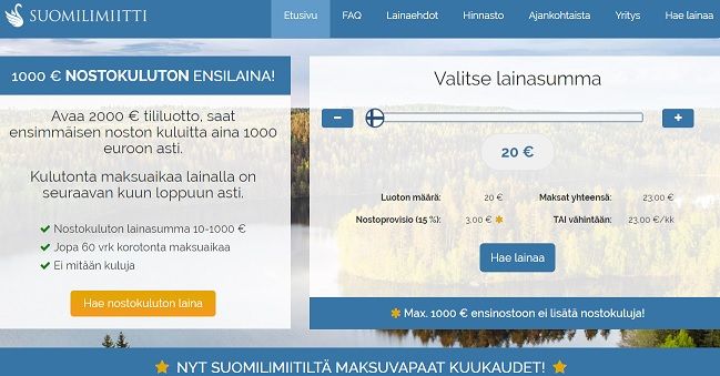 Suomilimiitin kautta saat nyt ensimmäisen 20 euron pikavipin täysin ilmaiseksi! Suomilimiitiltä 20 euron pikavippi on helppo nostaa ilman kuluja ja korkoa.