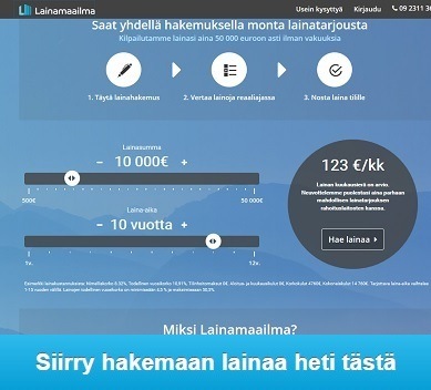 Lainamaailma on loistava palvelu, joka varmistaa, että sinä löydät halvinta lainaa. Lainamaailma mahdollistaa edulliset lainat ja saat yhdellä hakemuksella aina lukuisia tarjouksia